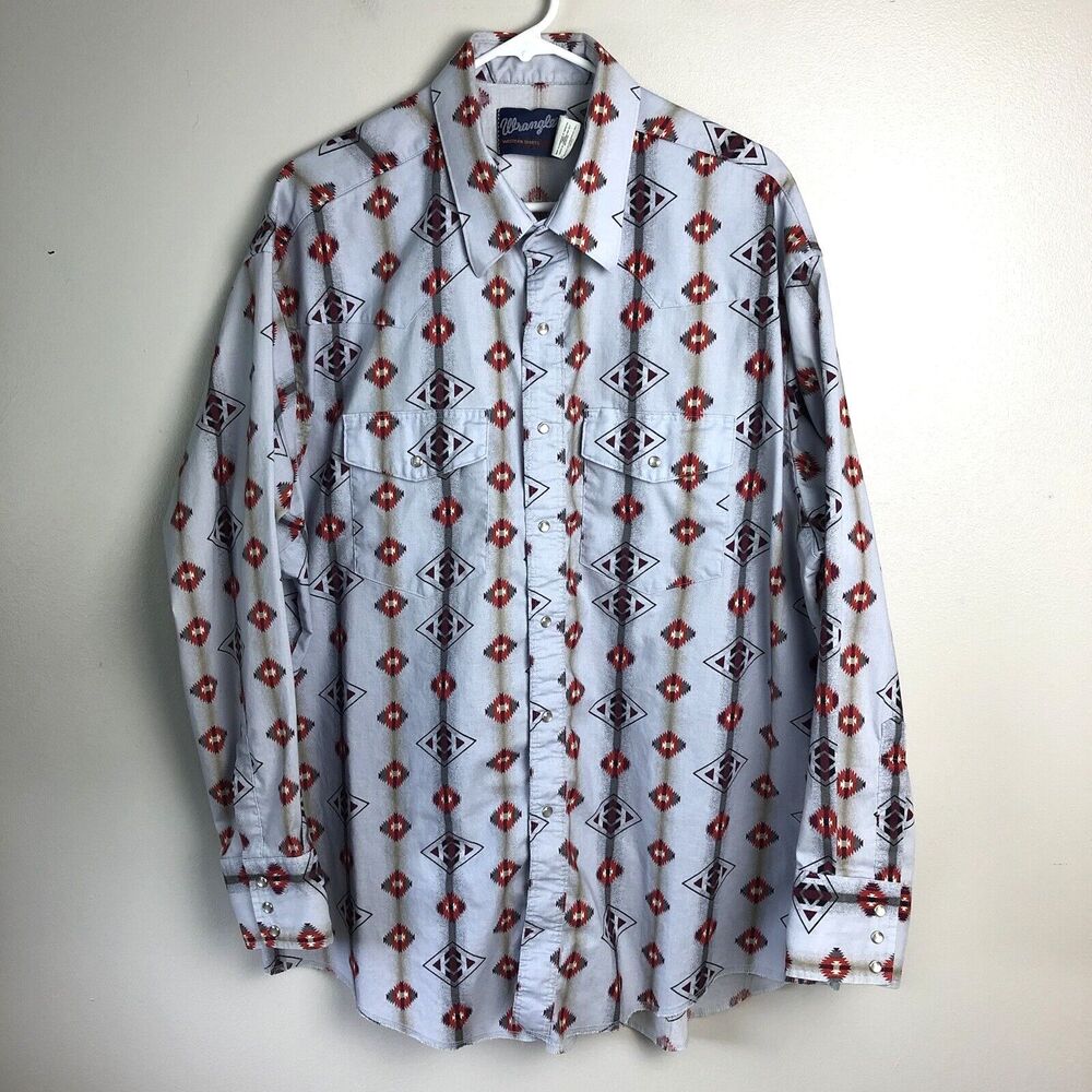 Vintage Wrangler Button Up Shirt Mens 2X Aztec Western Pearl Snap Long Sleeve
